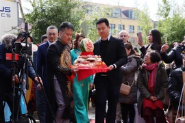 Đoàn Đại sứ quán dâng hương và ngũ quả lên anh linh các Vua Hùng. (Ảnh: Mạnh Hùng/TTXVN)