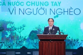 Thủ tướng Phạm Minh Chính phát biểu, vận động ủng hộ giúp đỡ người nghèo nhân Tháng cao điểm "Vì người nghèo" năm 2022. (Ảnh: Dương Giang/TTXVN)