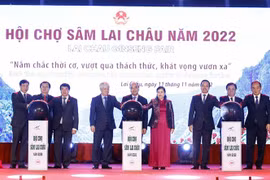 Chủ tịch nước Nguyễn Xuân Phúc và các đại biểu thực hiện nghi thức khai mạc. (Ảnh: Thống Nhất/TTXVN)