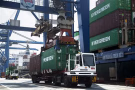 Hoạt động bốc dỡ hàng hóa tại Cảng Cát Lái, thành phố Thủ Đức. (Ảnh: Hồng Đạt/TTXVN)