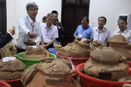 Các chuyên gia, nhà khoa học, đại biểu tham quan các di vật khảo cổ học. (Ảnh: Đinh Hương/TTXVN)