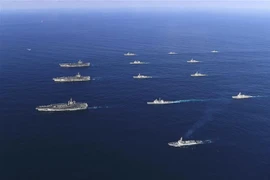 Tàu sân bay USS Ronald Reagan (trái, giữa), tàu USS Nimitz (trái, phía trên) và tàu USS Theodore Roosevelt của Mỹ tham gia tập trận hải quân chung với tàu khu trục của Hàn Quốc (giữa, phía trên và dưới) ở Biển Đông. (Ảnh: AFP/TTXVN)