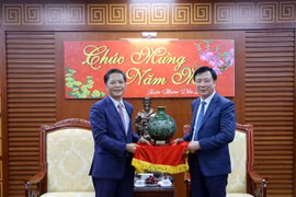 Ủy viên Bộ Chính trị, Trưởng Ban Kinh tế Trung ương Trần Tuấn Anh (bên phải) chúc mừng, tặng quà cho Đảng bộ, Chính quyền và Nhân dân tỉnh Hải Dương nhân dịp đầu năm mới. (Ảnh: Mạnh Tú/TTXVN)