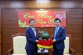 Ủy viên Bộ Chính trị, Trưởng Ban Kinh tế Trung ương Trần Tuấn Anh (bên phải) chúc mừng, tặng quà cho Đảng bộ, Chính quyền và Nhân dân tỉnh Hải Dương nhân dịp đầu năm mới. (Ảnh: Mạnh Tú/TTXVN)