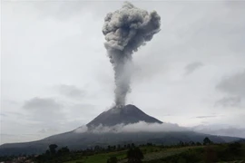 Cột tro bụi phun lên từ miệng núi lửa Sinabung nhìn từ Karo, Bắc Sumatra, Indonesia, ngày 26/4. (Ảnh: AFP/TTXVN)