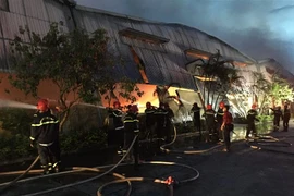 Lực lượng chức năng nỗ lực để đám cháy không lan sang các nhà kho khác liền kề. (Ảnh: Đỗ Trưởng/TTXVN)