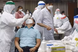 Lực lượng y tế lấy mẫu, xét nghiệm cho công nhân. (Ảnh: Thái Hùng/TTXVN)