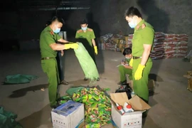 Lực lượng công an thu giữ các loại sản phẩm thuốc bảo vệ thực vật bị cấm sử dụng. (Ảnh: TTXVN phát)
