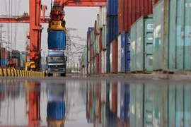 Bốc dỡ container hàng hóa tại cảng Đường Sơn, tỉnh Hà Bắc, Trung Quốc. (Ảnh: THX/TTXVN)