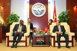 Bộ trưởng Bộ Thông tin và Truyền thông Trương Minh Tuấn tiếp đoàn Đoàn Bộ trưởng Viễn thông và Công nghệ thông tin Angola. (Ảnh: Minh Quyết/TTXVN)