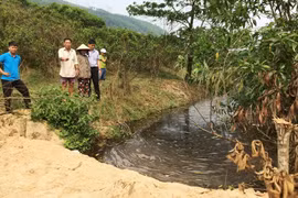 Nước thải từ khu xử lý rác chảy trực tiếp ra con mương dẫn vào đồng ruộng gây ô nhiễm. (Ảnh: Hồ Cầu/TTXVN)