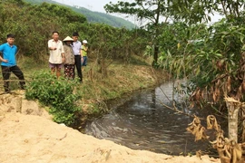 Nước thải từ khu xử lý rác chảy trực tiếp ra con mương dẫn vào đồng ruộng gây ô nhiễm. (Ảnh: Hồ Cầu/TTXVN)