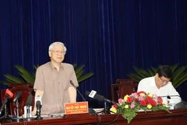 Tổng Bí thư Nguyễn Phú Trọng phát biểu tại buổi làm việc với Ban Thường vụ Tỉnh ủy và cán bộ chủ chốt tỉnh Bạc Liêu. (Ảnh Trí Dũng/TTXVN)