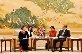 Ông Du Chính Thanh giới thiệu với Đoàn đại biểu Việt Nam về tình hình phát triển của Trung Quốc thời gian qua. (Ảnh: Lương Tuấn-Vĩnh Hà-Trung Kiên/Vietnam+)