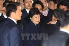 Tổng thống Hàn Quốc bị phế truất Park Geun-hye (giữa) về tới nhà riêng ở nam Seoul sau khi rời Nhà Xanh ngày 12/3. (Nguồn: AFP/TTXVN)