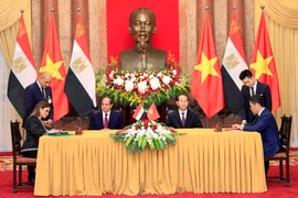 Chủ tịch nước Trần Đại Quang và Tổng thống Ai Cập Abdel Fattah el-Sisi chứng kiến Lễ ký kết các văn kiện hợp tác giữa hai nước. (Ảnh: Nhan Sáng/TTXVN)