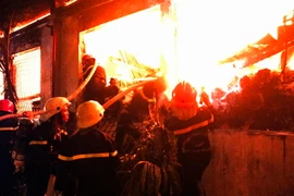 Lực lượng cảnh sát phòng cháy chữa cháy đang nỗ lực dập lửa. (Ảnh: TTXVN phát)