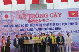 Chủ tịch Hội Hữu nghị Nhật-Việt vùng Chukyo trao tặng 100 cây hoa anh đào cho thành phố Bắc Ninh. (Ảnh: Thái Hùng/TTXVN) 