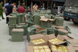 Toàn bộ số lượng pháo được lực lượng chức năng kiểm kê và niêm phong. (Ảnh: Vũ Hoàng Giang/TTXVN)