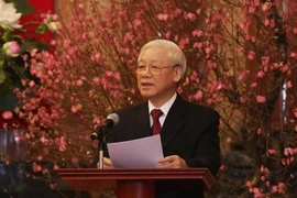 Tổng Bí thư Nguyễn Phú Trọng chúc Tết. (Ảnh: Phương Hoa/TTXVN)