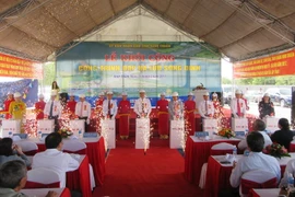 Các đại biểu nhấn nút khởi công. (Ảnh: Nguyễn Thành/TTXVN)
