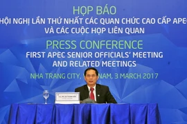 Họp báo về Hội nghị lần thứ nhất các quan chức cao cấp APEC (SOM 1) và các cuộc họp liên quan. (Ảnh: Nguyễn Khang/TTXVN)