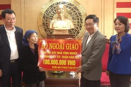 Phó Thủ tướng Chính phủ Phạm Bình Minh trao tặng thân nhân liệt sỹ Trần Văn Ích 100 triệu đồng xây dựng nhà tình nghĩa. (Ảnh: Nguyễn Lành/TTXVN)