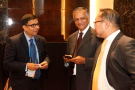 Các đại biểu đại diện các nền kinh tế APEC thảo luận bên lề một buổi đối thoại. (Ảnh: Văn Điệp/TTXVN)