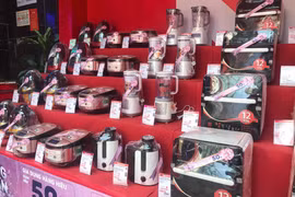 Hàng loạt sản phẩm đồ gia dụng, thiết bị công nghệ được giảm 'sập sàn' tại các cửa hàng và siêu thị điện máy. (Ảnh: Việt Anh/Vietnam+)