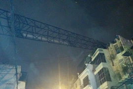 Cần cẩu dài hàng chục mét đổ ngang sang nóc ngôi nhà số 80. (Ảnh: Sơn Bách/Vietnam+)