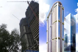 Cục sắt được cho là rơi từ tòa nhà Discovery Complex 302 Cầu Giấy (Ảnh: Cộng tác viên, Phối cảnh công trình: Internet)