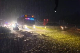 Quốc lộ 1 đoạn qua thị trấn Chí Thạnh, huyện Tuy An, Phú Yên bị ngập úng cục bộ do mưa lớn vào tối 24/9. (Ảnh: TTXVN phát)