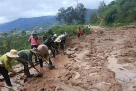 Hơn 100 người dân thôn Tu Thó phối hợp với chính quyền địa phương khắc phục vị trí bị sạt lở. (Ảnh: TTXVN phát)