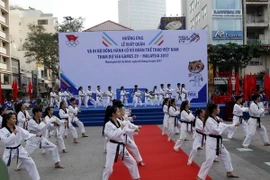 Các võ sinh Taekwondo đồng diễn tại "Chương trình hưởng ứng lễ xuất quân và đi bộ đồng hành cổ vũ Đoàn Thể thao Việt Nam tham dự SEA Games 29 - Malaysia 2017.” (Ảnh: Hoàng Hải/TTXVN)