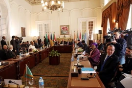 Đặc phái viên Liên hợp quốc về Libya Martin Kobler (phải) và đại diện các nước láng giềng thảo luận các giải pháp cho cuộc xung đột Libya tại hội nghị ở Cairo. (Ảnh: EPA/TTXVN)