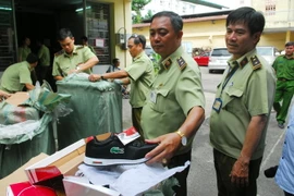 Kiểm kê số lượng hàng hóa, niêm phong đưa vào kho tang vật để phục vụ công tác điều tra. (Ảnh: Mạnh Linh/TTXVN)