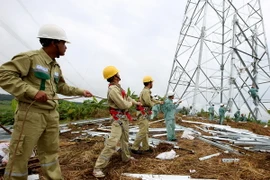 Thi công dựng cột điện. (Ảnh: Ngọc Hà/TTXVN)