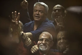 Ông Mohamed Badie (giữa, phía dưới) tại phiên tòa ở Cairo, Ai Cập ngày 16/6/2015. (Ảnh: AFP/TTXVN)