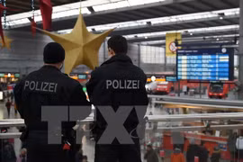 Cảnh sát Đức tuần tra tại nhà ga trung tâm Munich. (Nguồn: AFP/TTXVN)