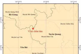 Bản đồ chấn tâm động đất ở Hàm Yên, Tuyên Quang. (Ảnh: Viện Vật lý địa cầu)