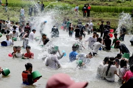 Trong khuôn khổ Lễ hội Then Kin Pang trên dòng suối Nậm Lụm diễn ra màn té nước cầu mưa của đồng bào dân tộc Thái, một trong những hoạt động hấp dẫn nhất thu hút đông đảo người dân cũng như du khách. (Ảnh: Quý Trung/TTXVN)