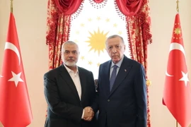 Tổng thống Thổ Nhĩ Kỳ Recep Tayyip Erdogan (phải) và thủ lĩnh Phong trào Hồi giáo Hamas Ismail Haniyeh tại cuộc gặp ở Istanbul, Thổ Nhĩ Kỳ. (Ảnh: AFP/TTXVN)