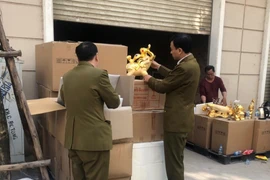 Lực lượng chức năng kiểm tra cơ sở sản xuất kinh doanh rượu tại Yên Nghĩa, Hà Đông. (Ảnh: Vietnam+)