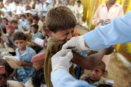 Nhân viên y tế tiêm vaccine phòng viêm gan cho các em nhỏ tại Kandkot, tỉnh Sindh, miền Nam Pakistan. (Ảnh: AFP/TTXVN)