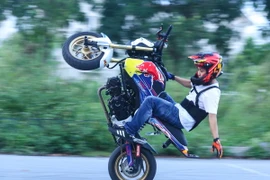 Màn biểu diễn bốc đầu một tay của thành viên Hanoi Stunt Riders. (Ảnh: Minh Chiến/Vietnam+)