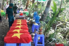 Sau ba ngày tìm kiếm, lực lượng chức năng đã cất bốc, quy tập được 49 bộ hài cốt liệt sỹ tại ấp Bình Phú, xã Châu Bình, huyện Giồng Trôm, tỉnh Bến Tre. (Ảnh: Đặng Thạch/TTXVN phát)