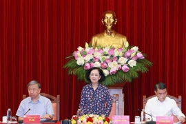 Bà Trương Thị Mai, Ủy viên Bộ Chính trị, Thường trực Ban Bí thư, Trưởng Ban Tổ chức Trung ương phát biểu chỉ đạo hội nghị. (Ảnh: Phương Hoa/TTXVN)
