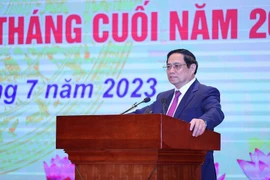 Thủ tướng Phạm Minh Chính phát biểu chỉ đạo hội nghị triển khai nhiệm vụ ngân hàng 6 tháng cuối năm 2023. (Ảnh: Dương Giang/TTXVN)