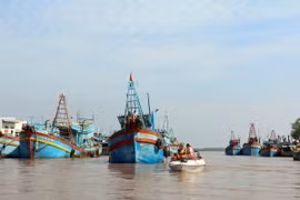 Bộ đội Biên phòng Cửa Đại, Bộ Chỉ huy Bộ đội Biên phòng Bến Tre kêu gọi, hướng dẫn tàu thuyền vào khu tránh trú bão. (Ảnh: Thu Hiền/TTXVN)