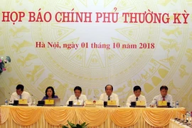 Bộ trưởng, Chủ nhiệm Văn phòng Chính phủ Mai Tiến Dũng( thứ ba bên phải sang) chủ trì họp báo. (Ảnh: Nguyễn Dân/TTXVN)